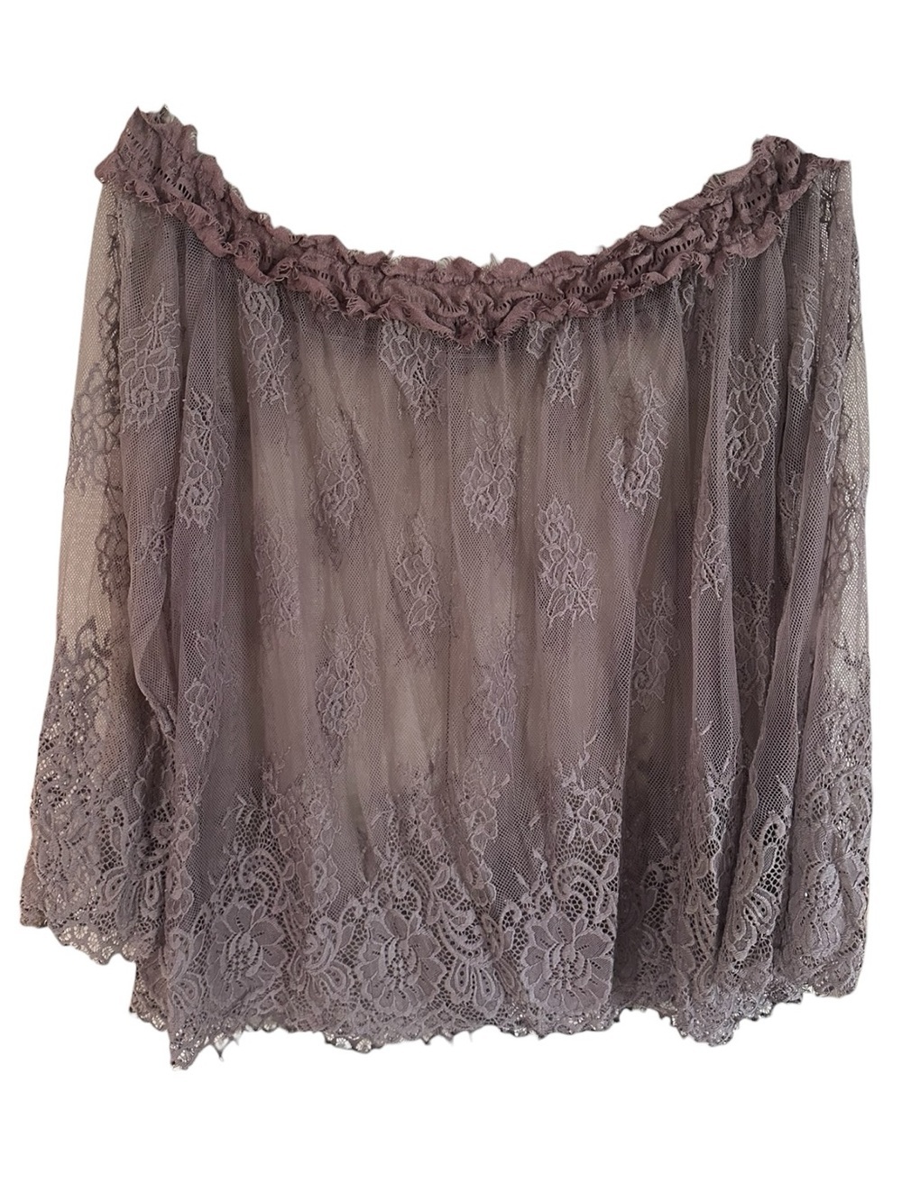 Plus Off-Shoulder Lavender Lace Trim Sheer Top in Mauve Purple 1x - Picture 2 of 8